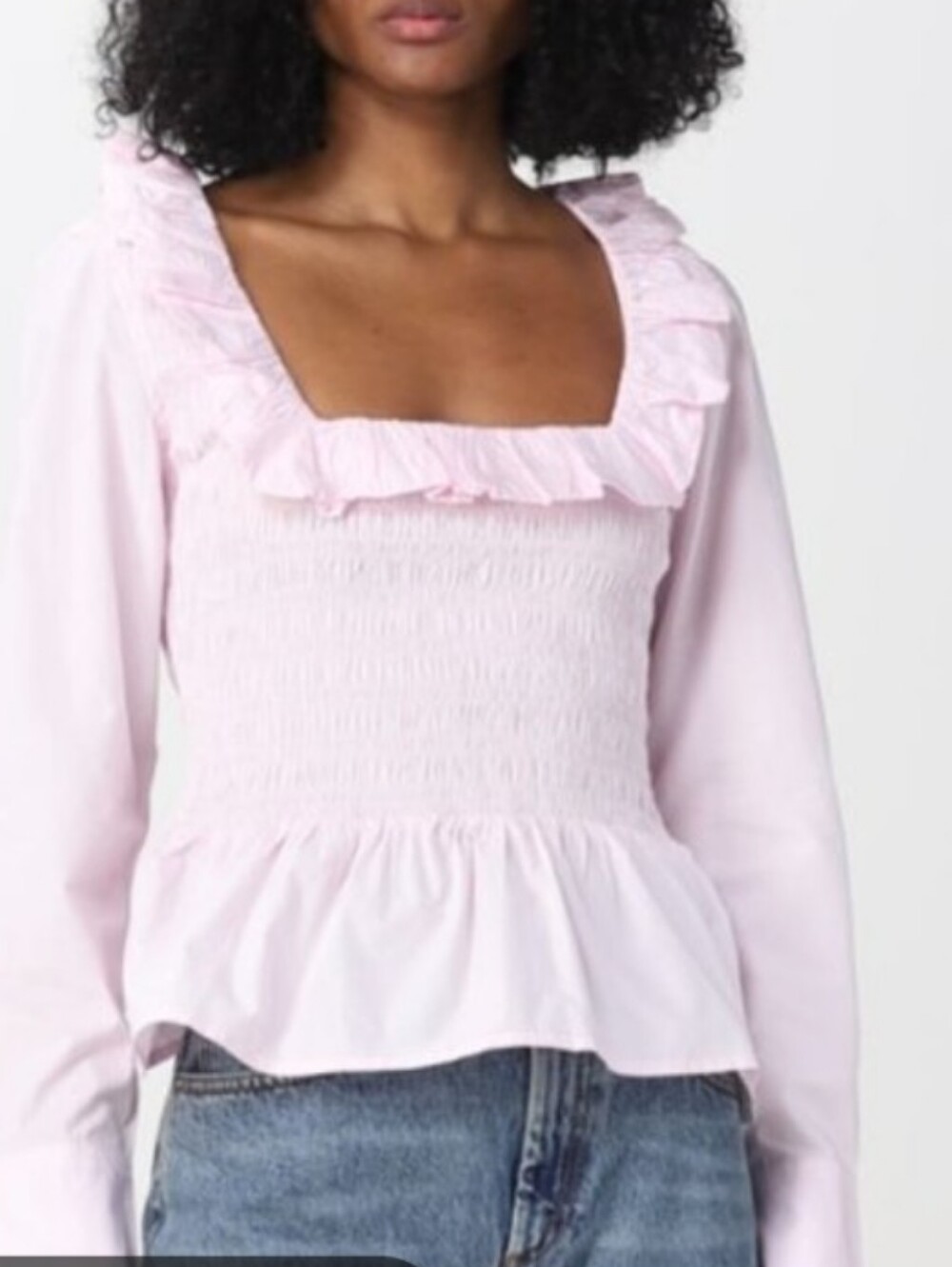 Ganni women Light Pink Smocked Square-Neck Ruffle Top